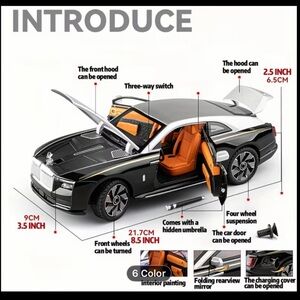 Sleek Black and Silver DIECAST SIZE 1:24 Scale ROLLS ROYCE SPECTRE w/Orange Int.